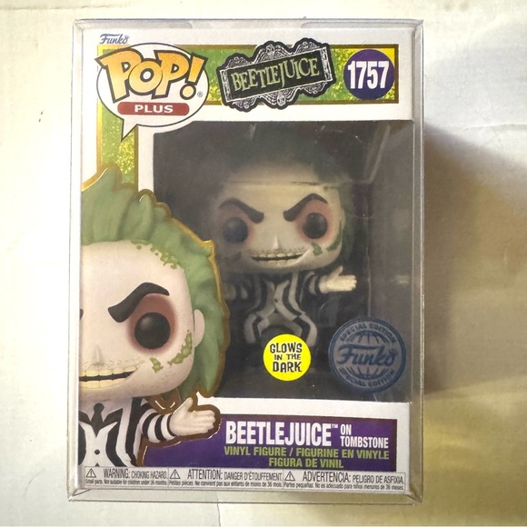 NIB Funko Pop! Plus-Beetlejuice on Tombstone #1757 Glow-in-the-Dark Vinyl Figure - Picture 2 of 3